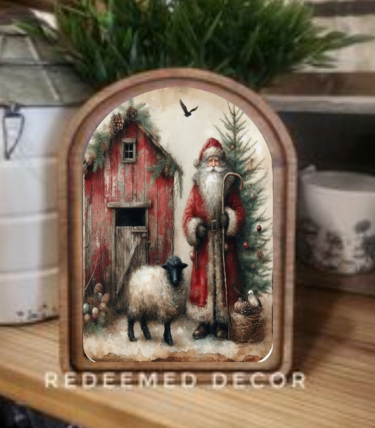 Santa Sheep Arched Framed Decor | Made in USA | Pre-Order Delayed Shipment