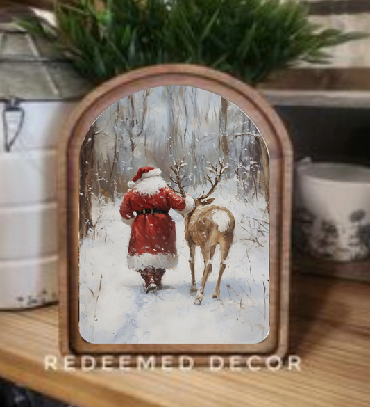 Santa with Reindeer Arched Framed Decor | Made in USA | Pre-Order Delayed Shipment