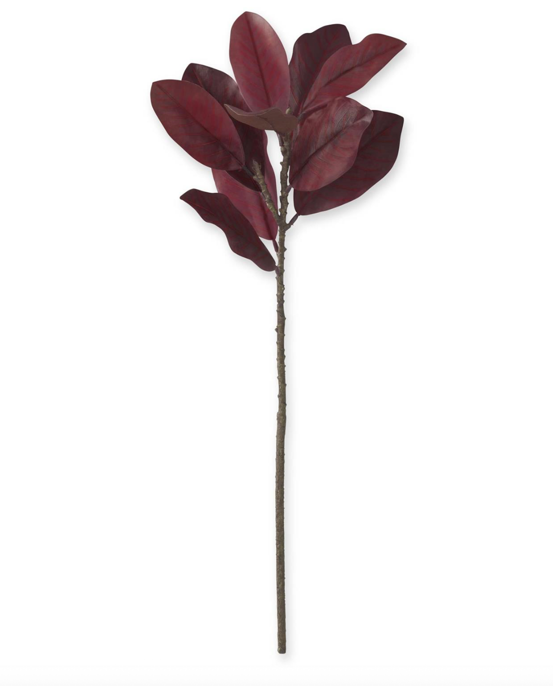 Artificial flower stem with dark red leaves on a white background