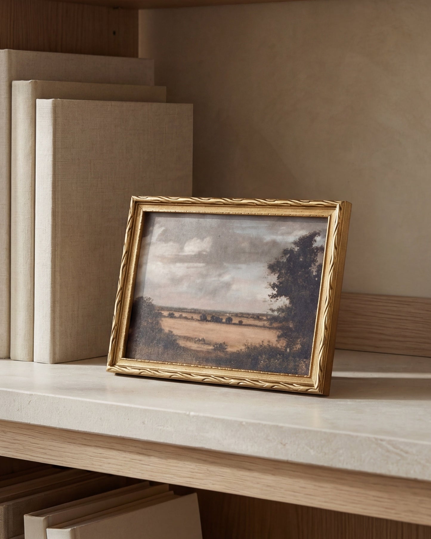Wooden shelf with books, a framed picture, and a vase in a well-lit room.