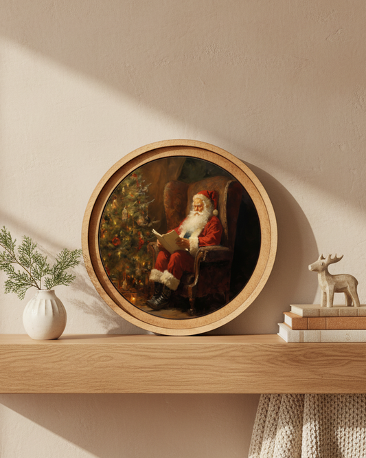 Round wooden frame with a painting of Santa Claus on a shelf with decorative items.