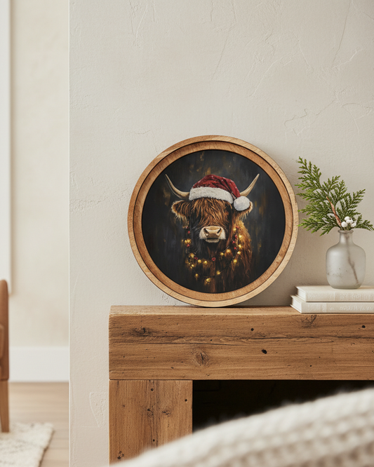 Decorative wall art of a bull wearing a Santa hat on a wooden stand in a living room.