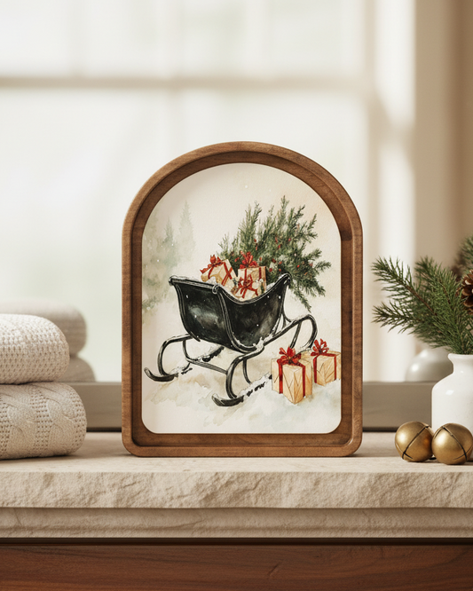 Decorative Christmas scene with a wooden frame, sleigh, and presents on a shelf.