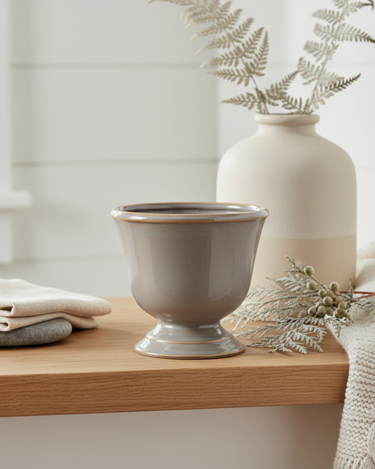 Decorative items including a vase, cup, and folded fabric on a wooden surface with a neutral background.