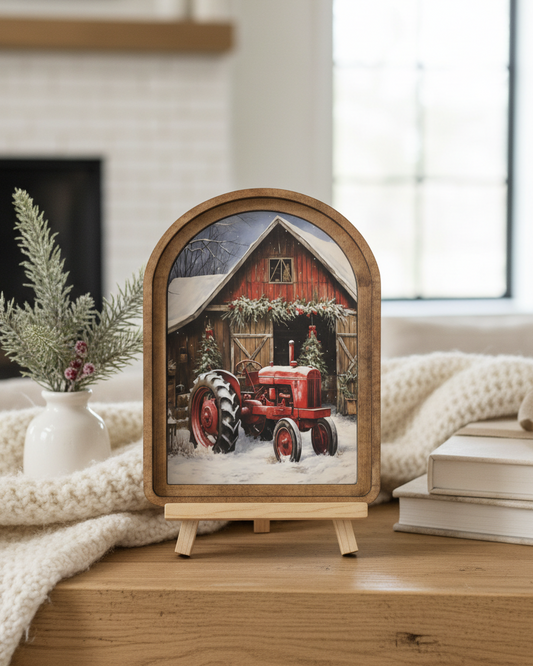 Christmas Tractor Arched Framed Decor | PRE-ORDER