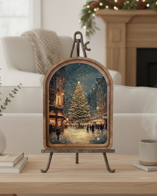 Decorative table scene with a Christmas-themed picture frame in a living room.