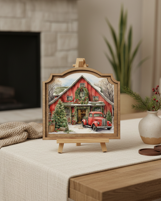 Decorative painting of a red barn and vintage car on a wooden easel in a cozy living room.