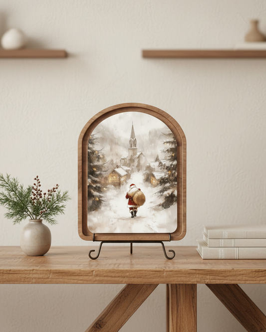 Decorative table clock with Santa Claus design on a wooden table.