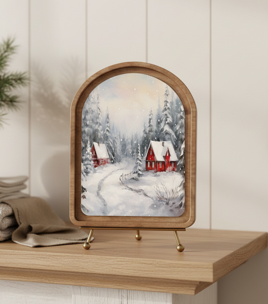 Snowy Cabin Arched Framed Decor | PRE-ORDER