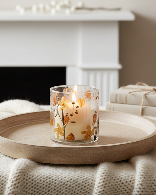 Candle with floral design on a wooden tray in front of a fireplace