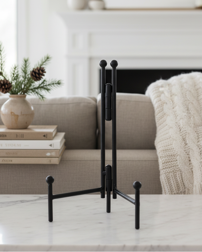 Black metal candle holder on a marble surface with a cozy living room in the background.