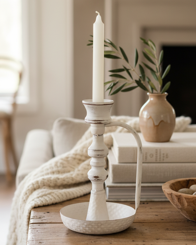 Candle on a wooden table with books and decorative items in a cozy room.