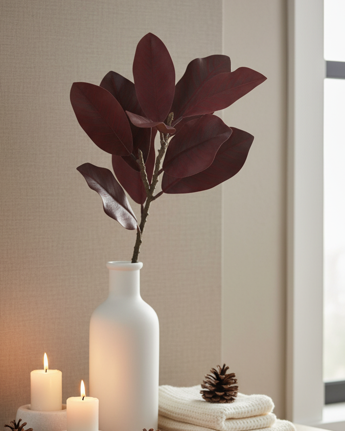 White vase with a plant on a wooden surface with candles and pinecones.