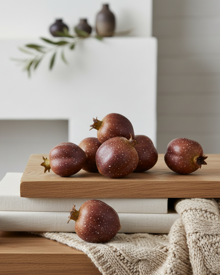 Wooden cutting board with persimmons on a neutral background
