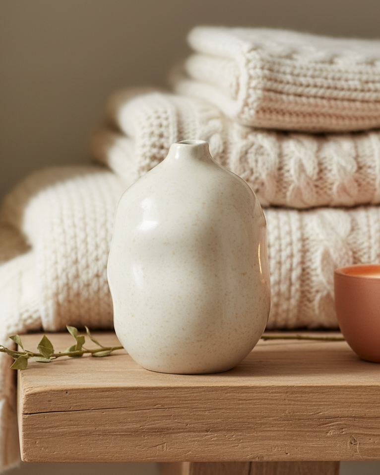 White ceramic vase on a wooden surface with folded knitted blankets and a lit candle in the background.