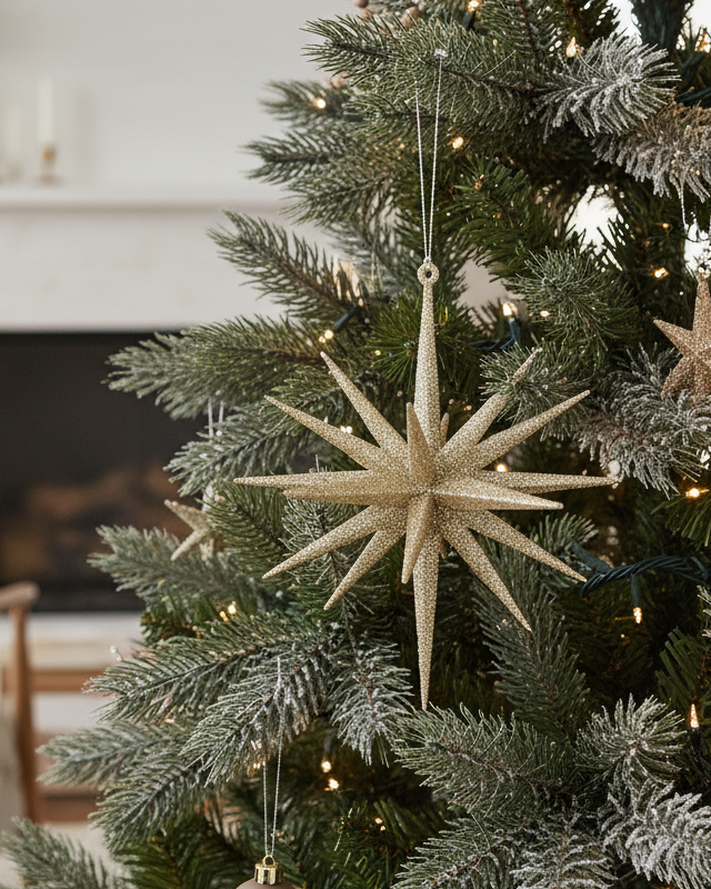 Decorated Christmas tree with star-shaped ornament in a living room setting.
