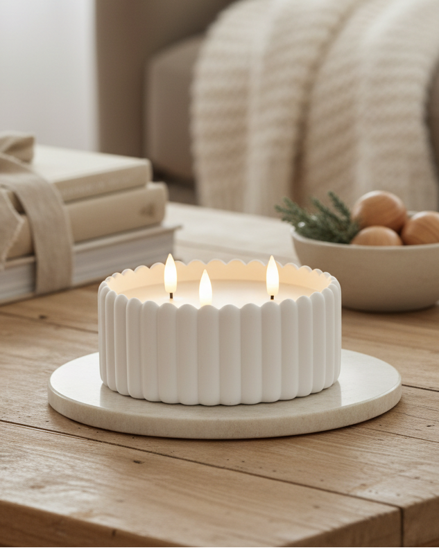 White ceramic candle holder with three lit candles on a wooden table, with a cozy living room in the background.