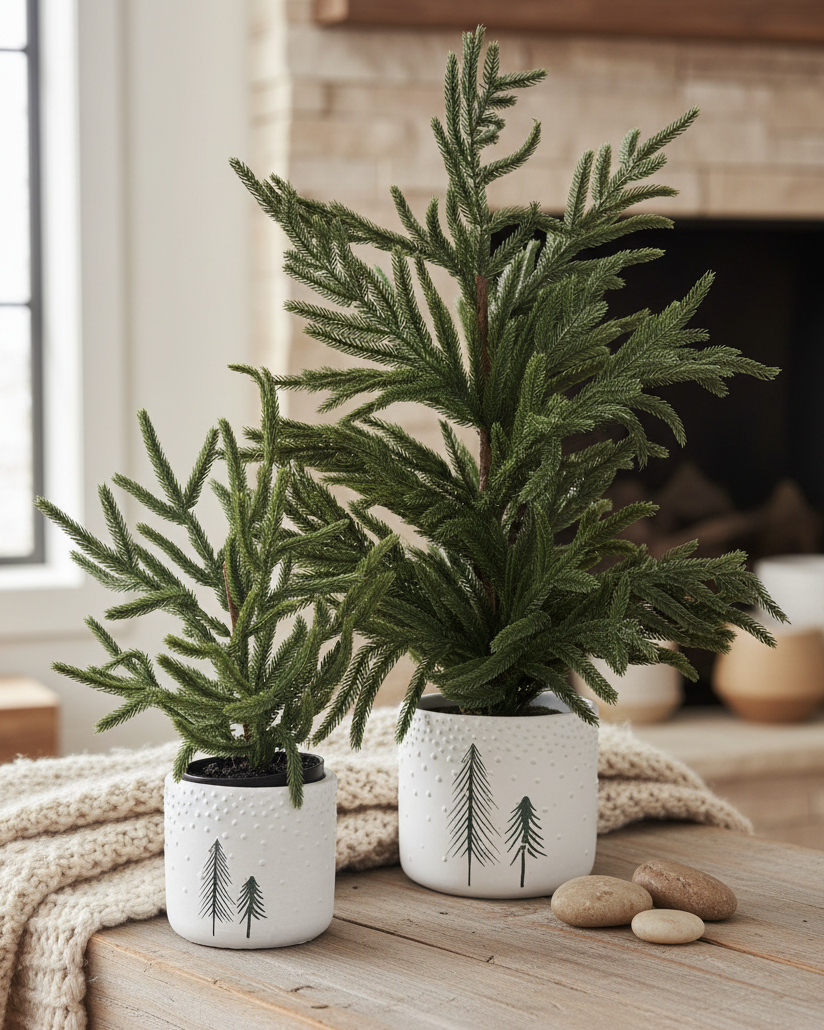 Two potted plants with tree designs on a wooden surface in a cozy indoor setting.