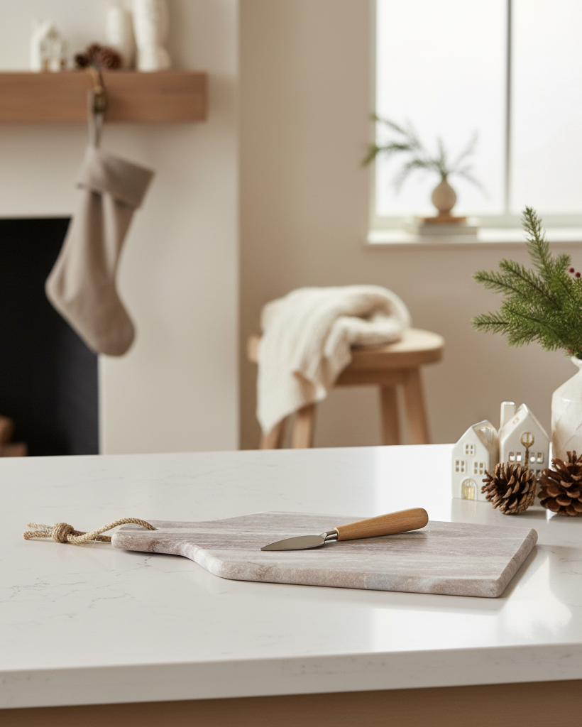Modern kitchen counter with cutting board, knife, and decorative items near a fireplace.