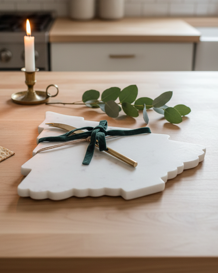 Decorative cutting board with greenery on a kitchen counter