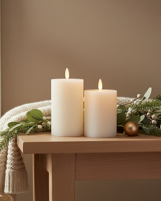 Ribbed Off-White LED Flameless Candle