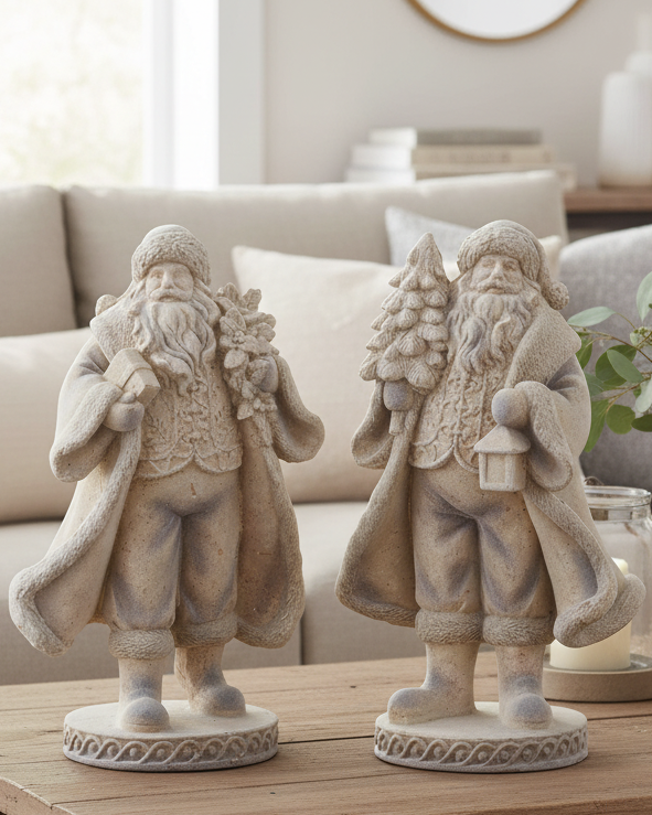 Two decorative Santa figures on a wooden coffee table in a living room setting.