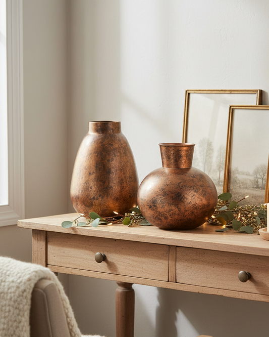 Decorative setup with copper vases, candles, and framed pictures on a wooden console table.
