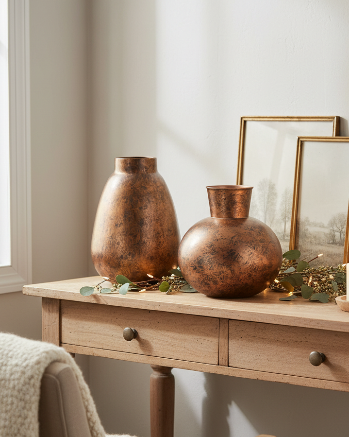 Decorative setup with copper vases, candles, and framed pictures on a wooden console table.