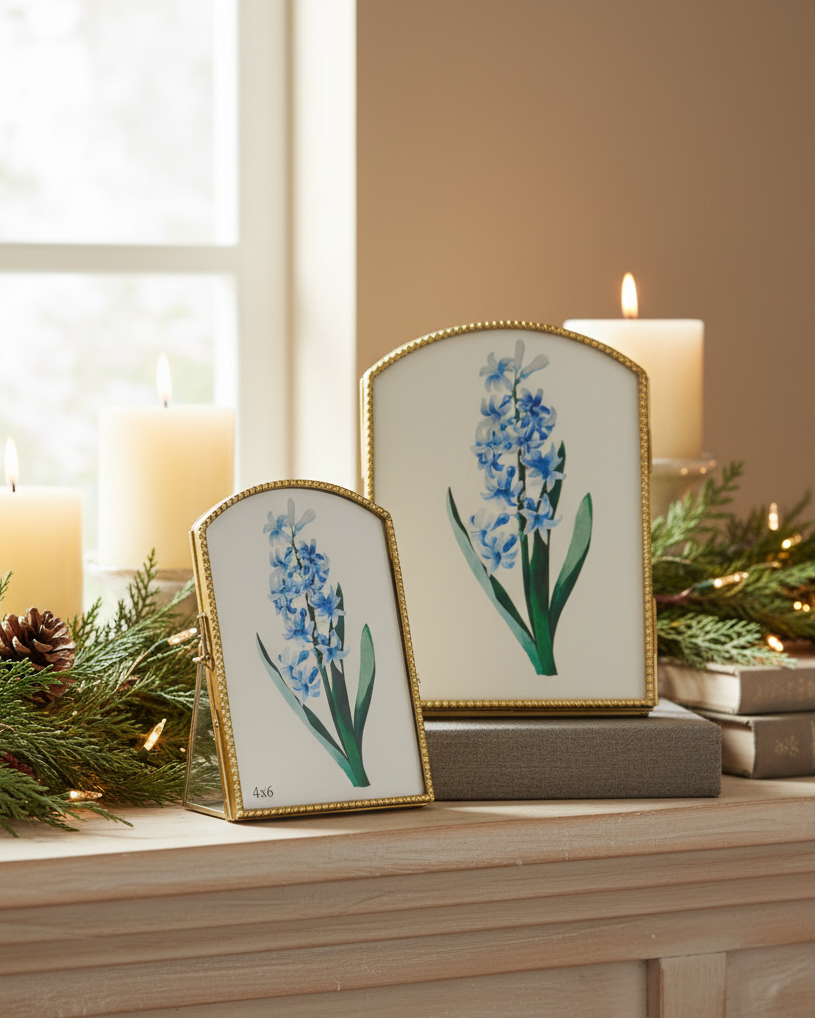 Decorative items with floral designs on a surface with candles and greenery.