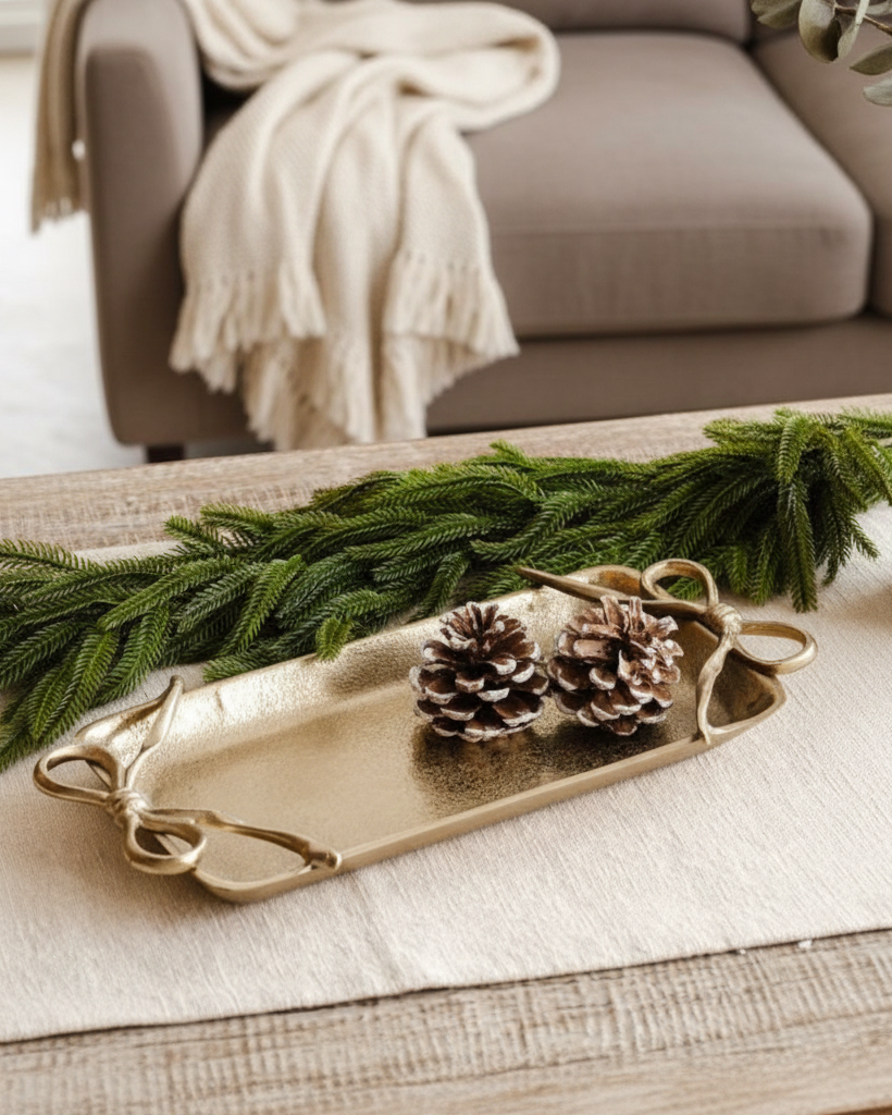 Decorative tray with pine cones and greenery on a coffee table in a living room.