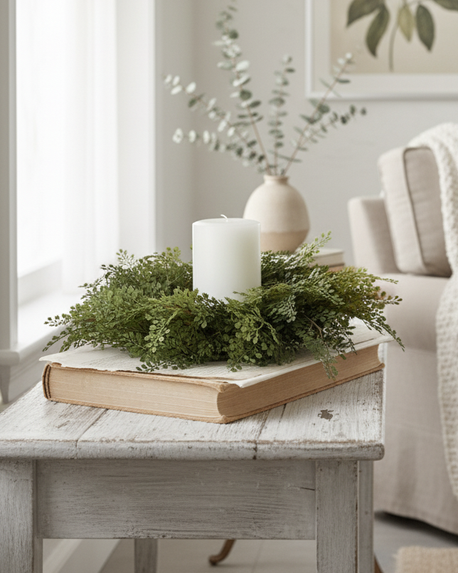 Cozy living room with a beige armchair, wooden table, and decorative elements.