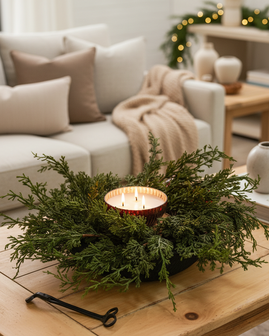 Decorative candle arrangement with greenery on a wooden coffee table in a cozy living room.