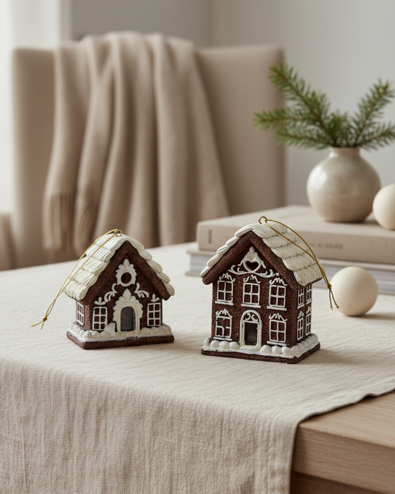 Two decorative gingerbread house ornaments on a table with a neutral background