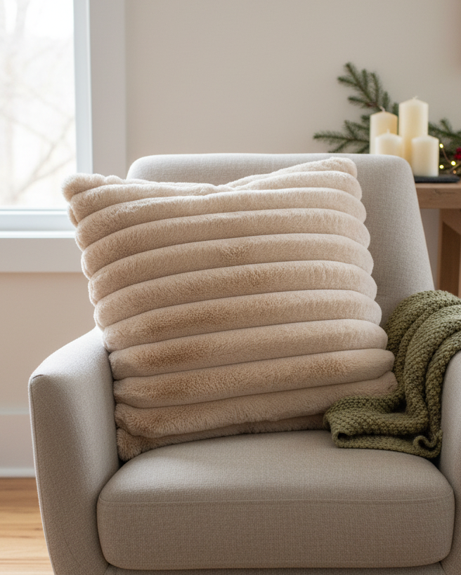 Beige armchair with a textured pillow and green blanket in a room with a window and table in the background.