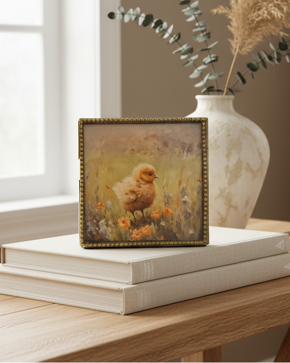 Wooden coffee table with books, a vase with dried plants, and a framed picture in a room with a couch and window.