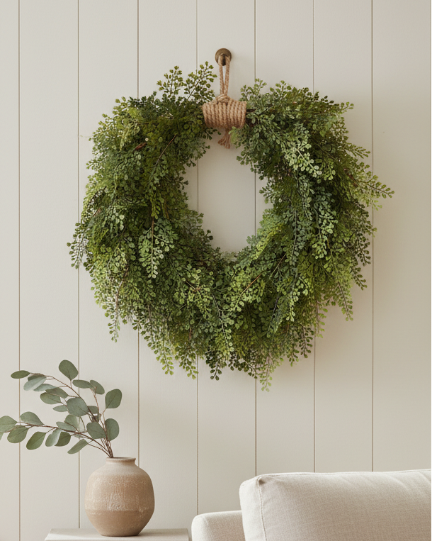 Green wreath on a white wall above a wooden table with a vase and books, next to a beige armchair.