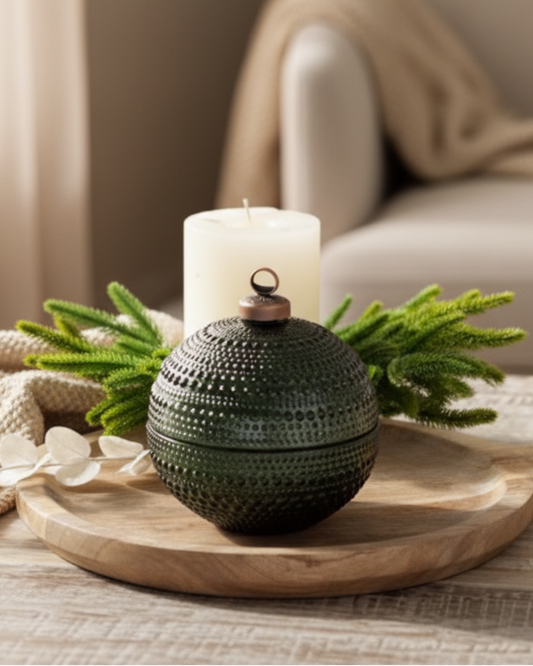 Decorative candle holder with a candle on a wooden tray in a cozy living room setting.