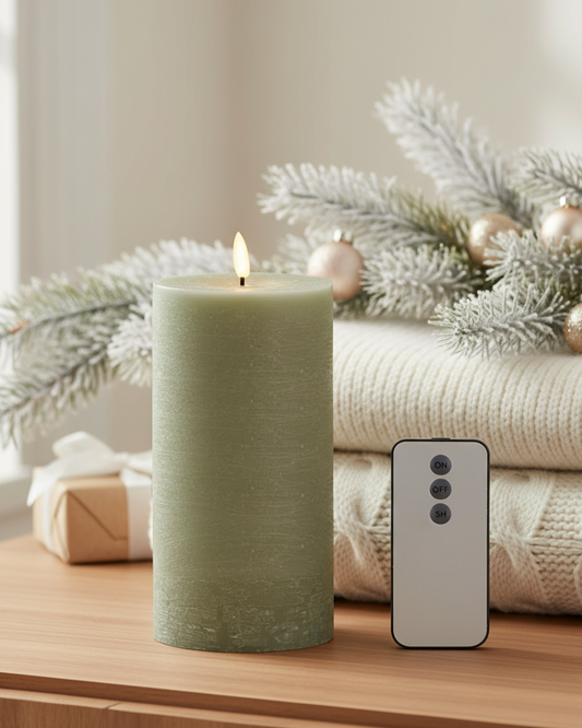 Green candle on a wooden surface with a phone and decorative branches in the background