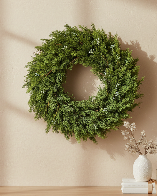 Green wreath on a beige wall with a wooden table and decorative items below.