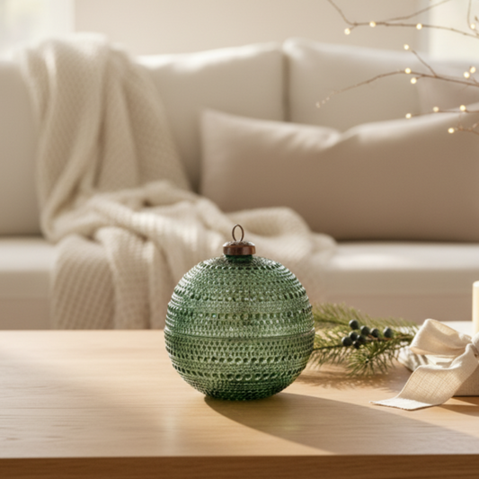 Green decorative ball on a coffee table with a cozy living room background
