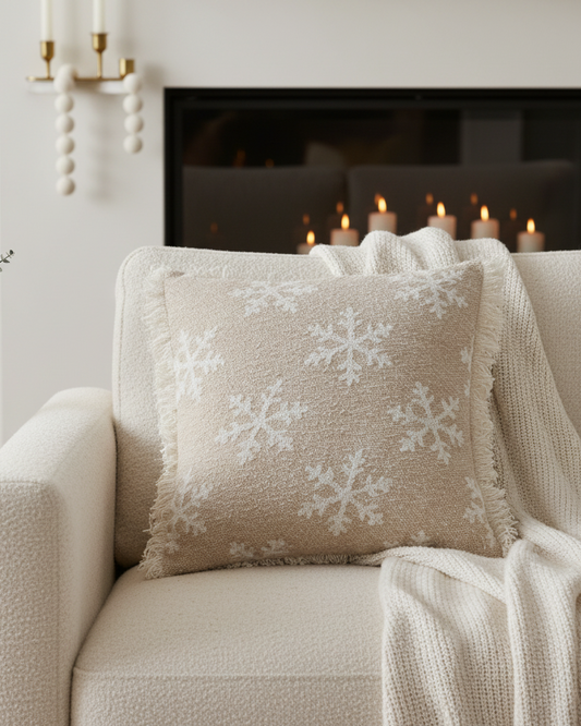 Beige sofa with a pillow featuring snowflake patterns in a cozy living room setting.