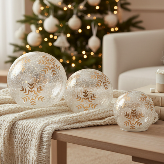 LED Timer Gold Snowflake Crackled Globe Set