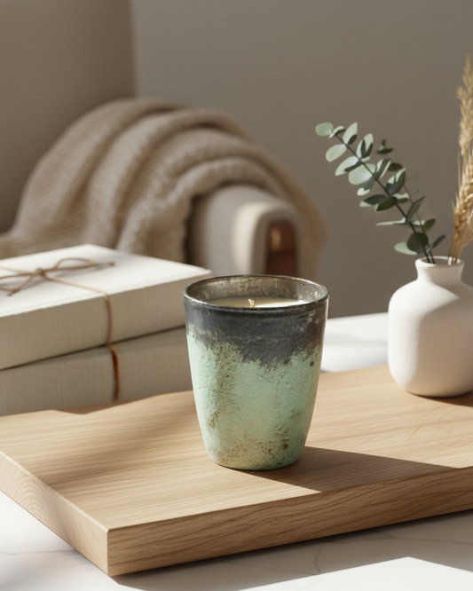 Ceramic candle on a wooden tray with books and a vase in the background