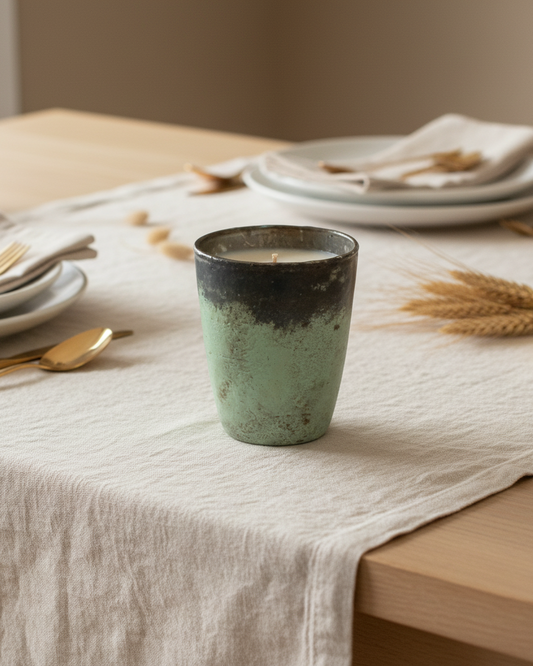 Ceramic candle holder on a table with plates, cutlery, and decorative items.