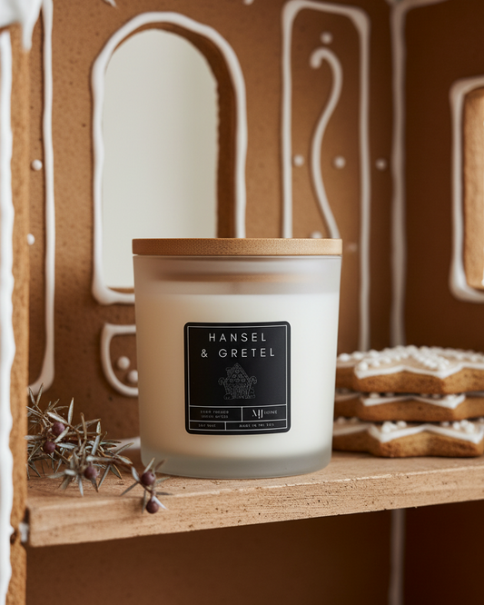 Candle with a gingerbread house and cookies in the background