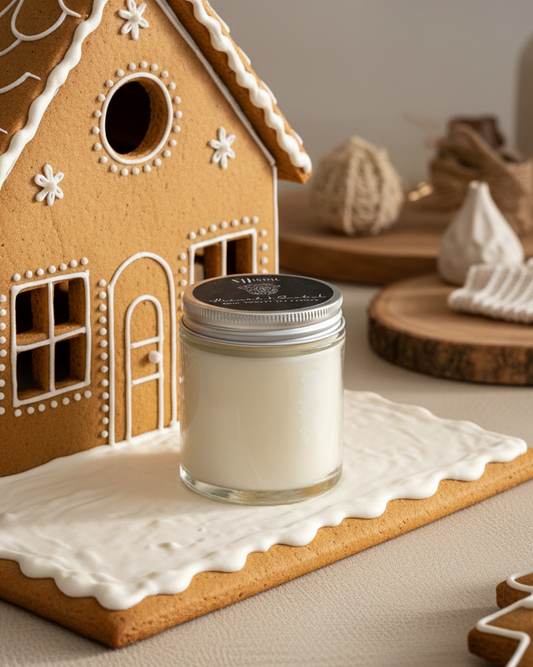 Gingerbread house with a candle on a neutral background