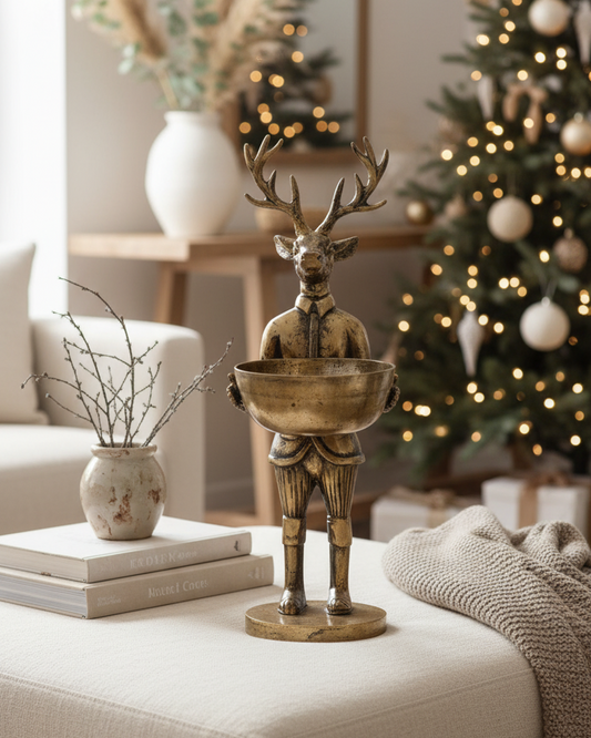 Decorative statue of a deer holding a bowl on a coffee table with a Christmas tree in the background.