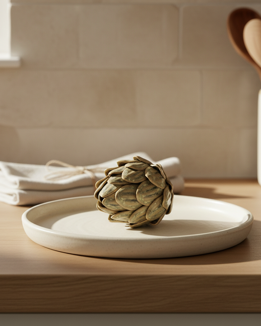Artichoke on a white plate with kitchen utensils in the background