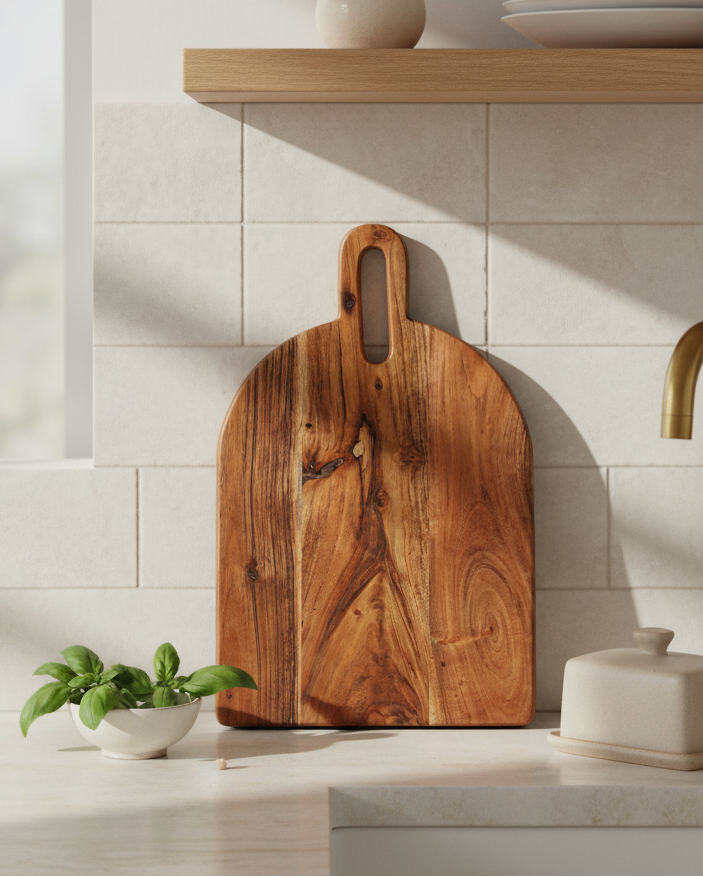 Wooden cutting board on a kitchen counter with a tiled wall and faucet in the background.