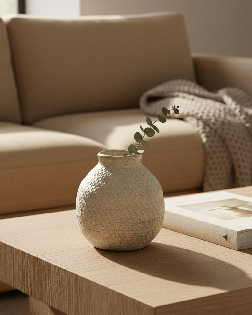 Beige textured vase on a wooden coffee table with a beige sofa in the background